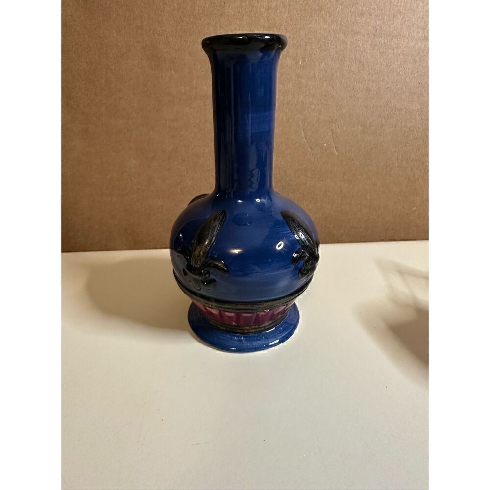 Youngs Incorporated Cobolt Blue Burgundy  Vintage Retro 90s Pottery Vase 6.25”